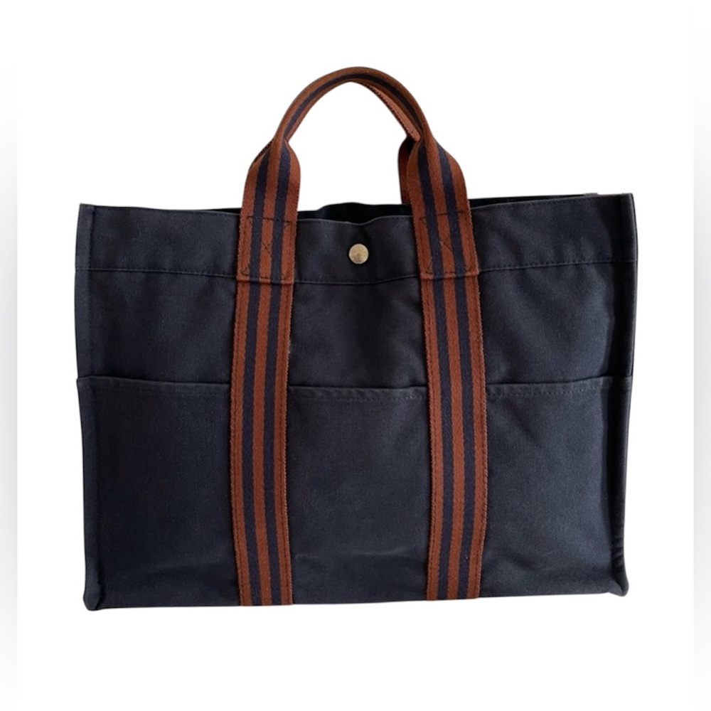 HERMES Vintage Fourre Tout Hand Tote Bag Canvas Navy Brown